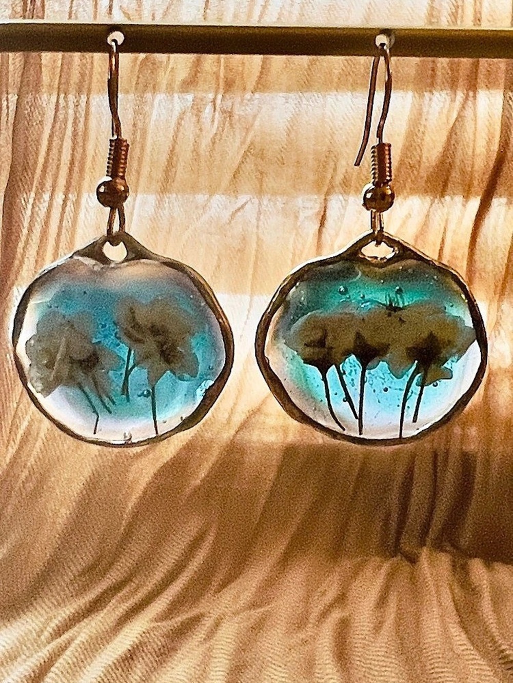 Floral Resin Dangle Earrings in Blue & White